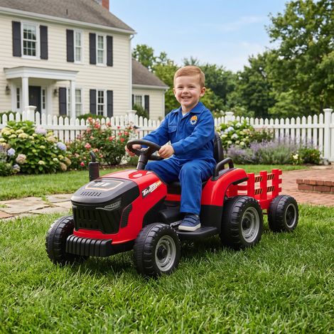 Tracteur électrique enfant remorque amovible télécommande 2,4G 139x58x55 rouge (1/5)
