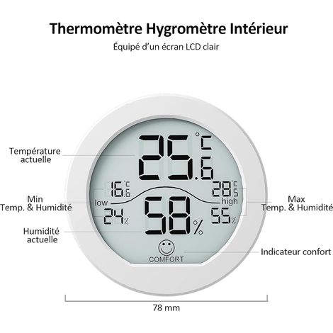 Thermomètre hygromètre intérieur digital, LCD, maison/chambre/cave/cuisine/bureau, blanc. (1/4)