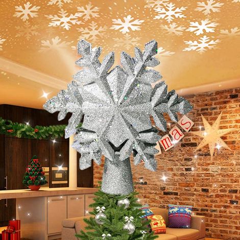Cime de sapin de Noël avec projecteur LED intégré,Décoration de sapin de Noël avec flocons de neige, Décoration de Noël 3D pailletée (dorée) (1/5)