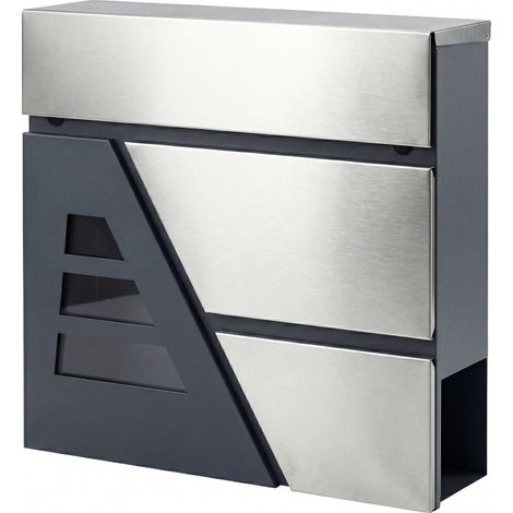 Boîte aux lettres murale en métal gris foncé avec porte-journaux et serrure, 37x10x37 cm (1/5)