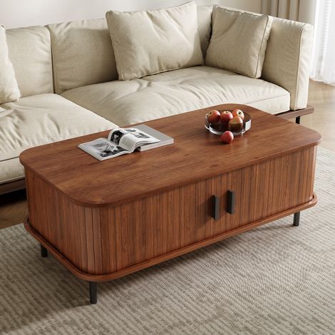 Mesa de Centro Rectangular con 2 Puertas Correderas, Almacenamiento Cerrado, Frente de Lamas, Salón, MDF, Nogal, 100×50×45 cm (1/5)