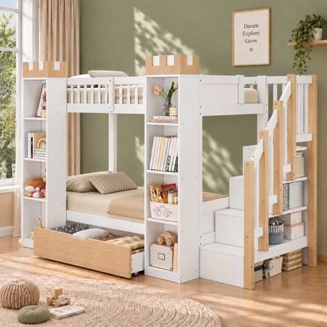 Litera infantil castillo con escalera de almacenaje y cajón 90 x 200 cm blanco natural REDOM (1/5)