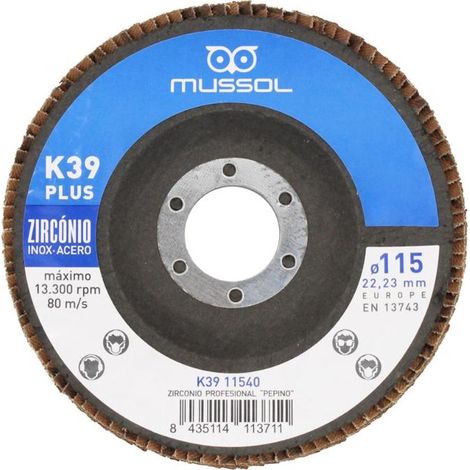 MUSSOL disco laminas pepino k-39 115-40 , Disco de láminas Pepino K39 115 mm Mussol Disco de láminas con tela de zirconio y soporte de fibra Gran rendimiento en acero inoxi (1/2)