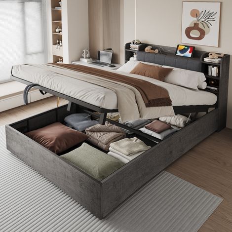 letto contenitore 180x200 USB testiera scaffali OKMYHOME (1/5)