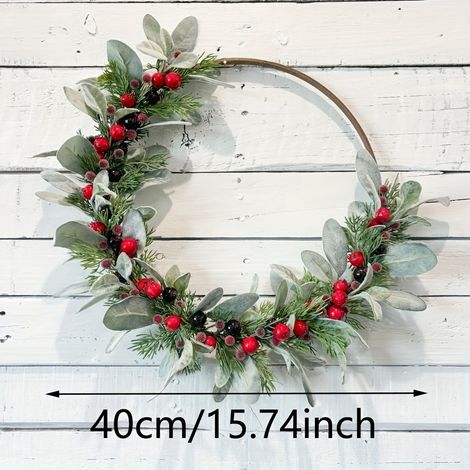 Christmas wreath with red berries, simulated pine needles, rabbit leaves, Christmas vines, holiday decorations, door hangings, pine cones (as pictured) - Iron ring, red berries, 40/15.74 inch