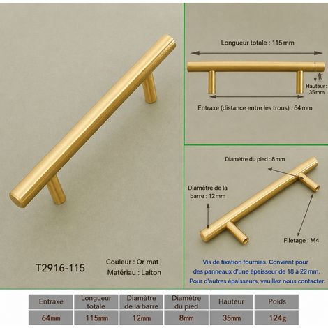 Poignée de meuble T2916 en laiton doré à deux trous, entraxe 64 mm t2916 64 115 11,5 × 1,2 × 3,5 cm 124 g – Livraison gratuite