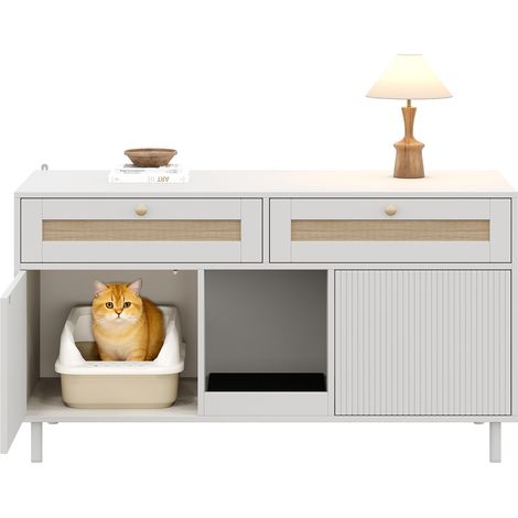 Mueble para arenero de gato con alfombrilla atrapa arena, MDF blanco, 120 x 50 x 65 cm, HOMVRA (1/5)