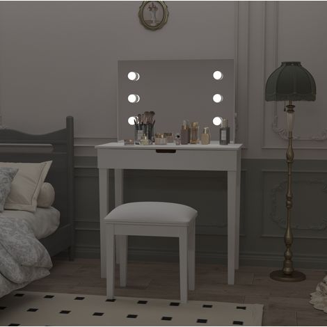 Tavolo da trucco 92×40×57 cm bianco con specchio LED, 2 cassetti e seduta inclusa (1/5)