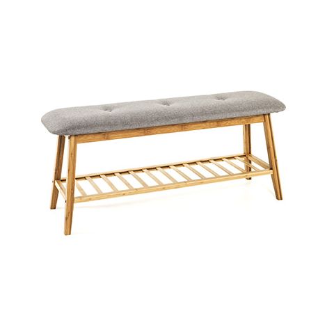 Banc avec étagère 100x30x44 cm en tissu gris et bambou naturel