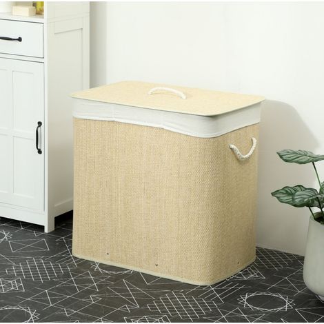 Cesto para la ropa sucia de bambú 3 compartimentos 144 L con tapa, 52 x 32 x 63 cm OKMYHOME (1/5)