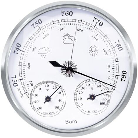 tation météo analogique - Station météo analogique pour l'intérieur et l'extérieur - Composé d'un baromètre, d'un thermomètre et d'un hygromètre(Argent,128mm)
