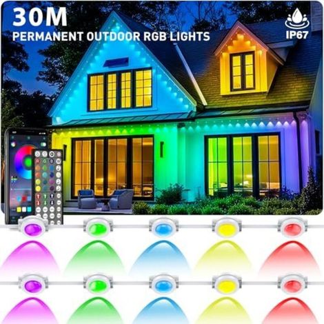 Guirlande lumineuse extérieure permanente de 30 m, éclairage RGB étanche pour avant-toit, éclairage RGB de bordure de toit avec contrôle par application et télécommande (1/5)