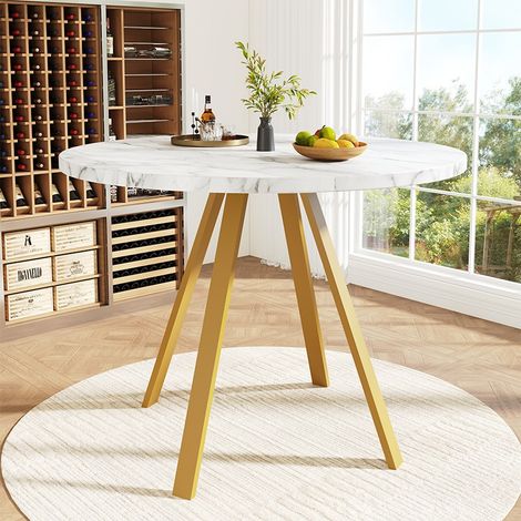 Table Ronde 80 × 80 × 75 cm pour 4 Personnes, Plateau Blanc Effet Marbre, Pieds Métal Doré, pour Salle à Manger et Salon (1/5)