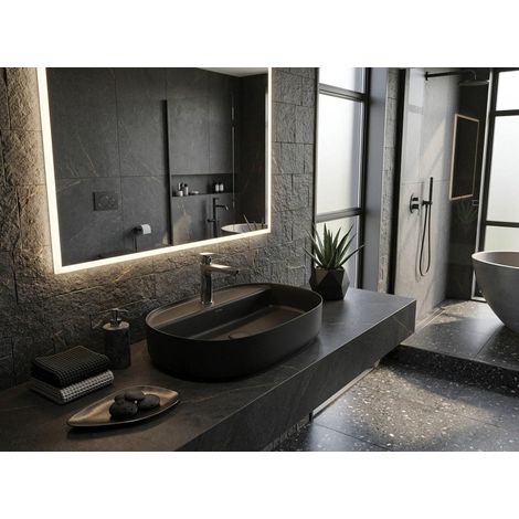Lavabo ovale da appoggio senza troppo pieno in ceramica con foro rubinetto - Nero Opaco