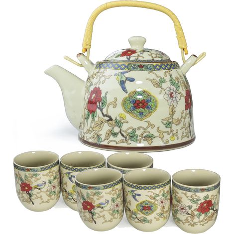 Théière en porcelaine - 1 théière - 6 tasses - Théière en céramique - Cadeau - Décoration de table (pot de 850,5 g + tasses de 170,1 g) (1/5)