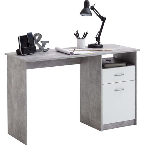 Bureau 1 porte et 1 tiroir 123x50x76,5 cm gris béton et blanc (1/5)
