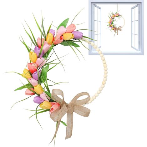 Couronne de Porte d'Entrée Fleurs Artificielles Décoratives avec Noeud Décoration Pâques Boho pour Salon Chambre Entrée Jardin Porche Ferme Mariage Pâques et Fêtes (1/5)