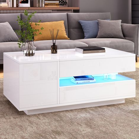 Mesa de centro elevable 95 x 50 x 40 cm con LED, cajón y almacenaje blanco DESVIAE (1/5)