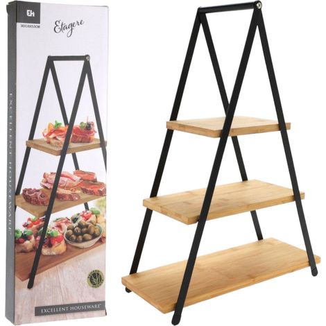 Présentoir alimentaire en bois 3 étages avec support métallique - 38x15x53 cm - 1,8 kg - idéal pour présenter pâtisseries et boissons au goûter - robuste et stable, transportable directement (1/5)