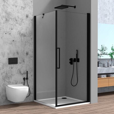 Box doccia angolare 70x80 in vetro temperato trasparente battente con profili nero opaco Neos