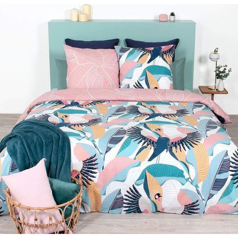 Parure de Lit 220x240 cm + 2 Taies d'oreiller 63x63cm Housse de Couette 2 Personnes Rose et Bleu Tropical 100% Coton Bio (1/5)
