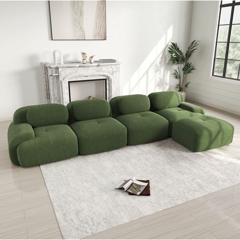 Divano angolare modulare verde in velluto a coste con chaise longue, senza montaggio e base antiscivolo (1/5)
