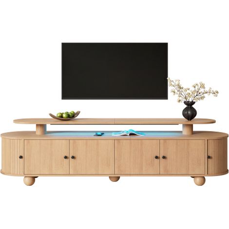 Mobile porta TV a due livelli con bordi arrotondati, 4 ante centrali fisse + 2 ante laterali scorrevoli, piedini a sfera in legno massello, maniglie in metallo, illuminazione ambientale a LED integrat (1/5)