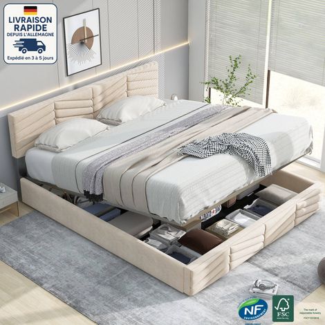 Lit coffre, tête de lit réglable en hauteur, lit adulte, velours, sans matelas, lit double, beige, 140x190cm (1/5)