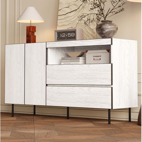 MODFU – Aparador de almacenamiento 140x42x77 cm de paneles con 2 puertas, 2 cajones, estantes abiertos, carga 80 kg y bisagras amortiguadas – Blanco (1/5)