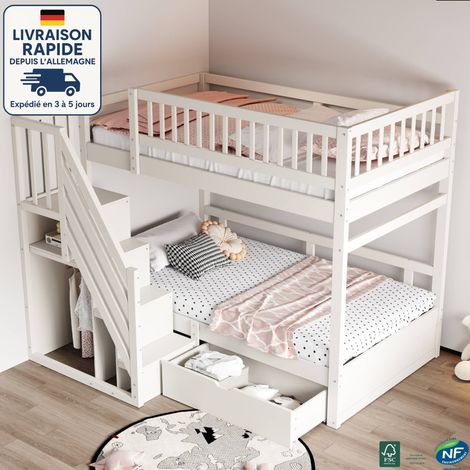 MODFU - Litera 90x200 cm, madera certificada PEFC, cama de seguridad reforzada con barandillas altas, somier de láminas, escalera de seguridad con almacenaje, cajones de almacenaje - blanco (1/5)