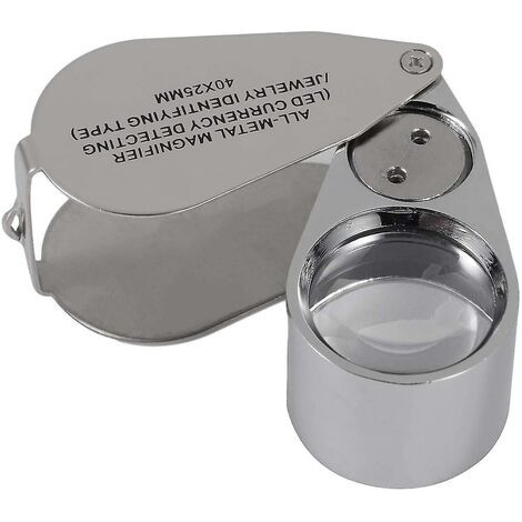 Dhrs Loupe de bijoutier, grossissement 40x, en métal, loupe pliante avec lumière LED et UV, loupe pour diamants, bijoutiers, pièces de monnaie, timbres