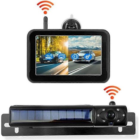 Cámara de visión trasera inalámbrica solar 1080P, monitor con pantalla IPS de 5", cámara de visión nocturna para vehículos, camiones y autocaravanas. (1/5)