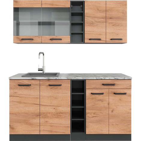 Vicco – Cucina completa R-Line 160 cm – Rovere dorato/antracite – Piano di lavoro in marmo – 3 moduli base e 3 pensili (1/5)