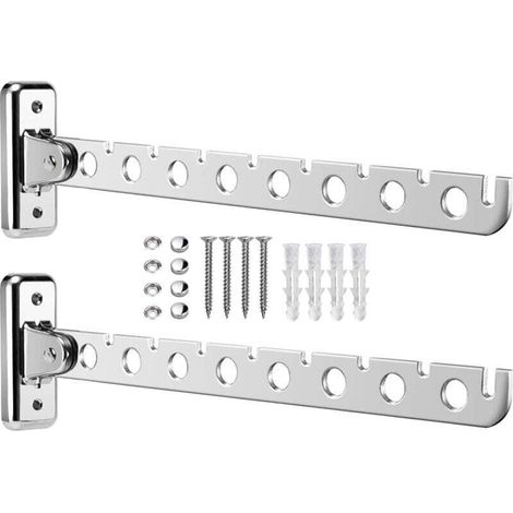 Set di 2 stendibiancheria pieghevoli da parete in acciaio inox, stendibiancheria pieghevole da parete, con viti e tasselli, per camera da letto, soggiorno, balcone (argento, 8 fori). (1/4)