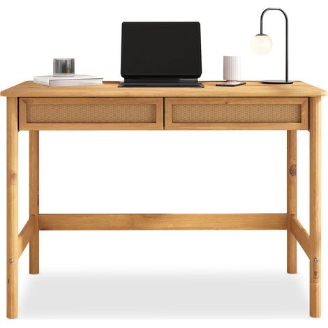 Idimex – Bureau droit en pin massif chêne – 2 tiroirs spacieux – Façade en rotin tressé – Dimensions 76 x 110 x 54 cm (H x L x P) (1/5)