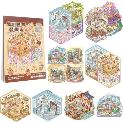 Pegatinas de escenas, juego de 20 pegatinas 3D para casas, adorables pegatinas 3D para manualidades, pegatinas 3D en miniatura para adultos y niños.