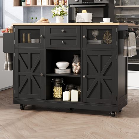 Îlot de cuisine 140 x 40 x 93,5 cm, desserte noire avec plateau en bois et rangements réglables (1/5)