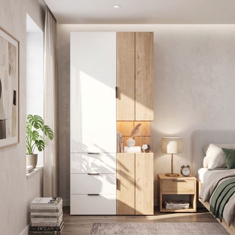 Armoire penderie 90x49x200 cm avec éclairage LED, tiroir à bijoux, 2 tringles, 4 tiroirs, rangement chambre, MDF, effet chêne et blanc (1/5)