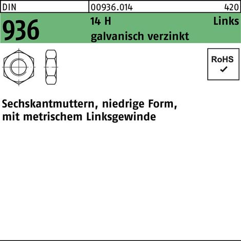Sechskantmutter DIN 936 links M 12 -LH14 H galvanisch verzinkt 100 Stück