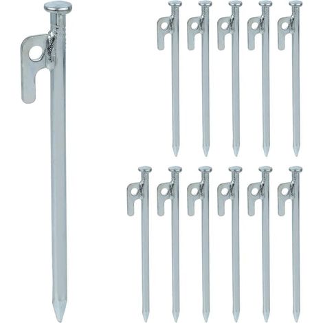 Lot de 12 piquets de fixation pour tentes, tonnelles et auvents crochets en acier pour sols durs, 20 cm, argentés. (1/5)