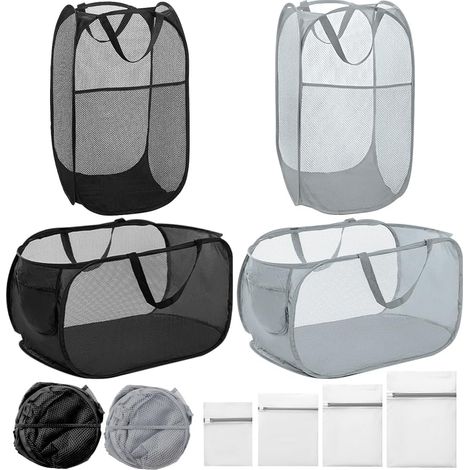 Lot de 8 Panier à linge, 4 Corbeille pop-up 70L, 4 Sac maille, Poignée renforcée, Pour salle de bain (1/5)