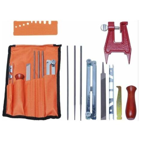 QORVA-Kit d'affûtage universel pour tronçonneuse, comprenant limes, manches en bois et guide de polissage.