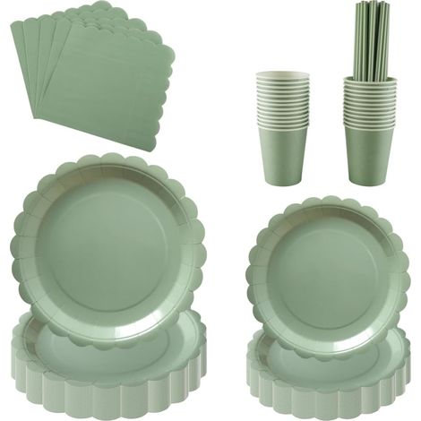 Lot de 125 assiettes en carton vert sauge, serviettes, tasses, assiettes, gobelets et serviettes, fournitures de fête vert sauge pour décoration de table (1/5)