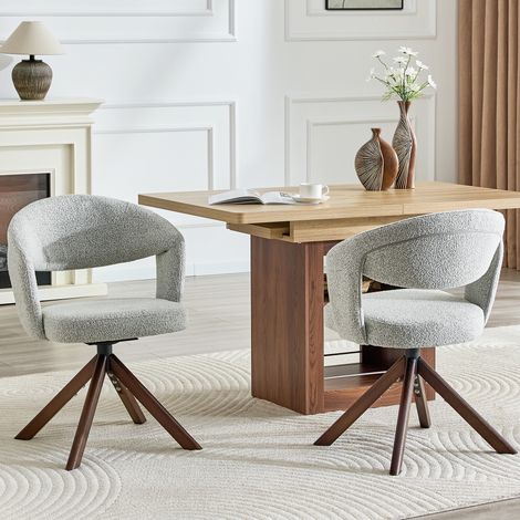 Ensemble de 2 fauteuils pivotants rétro luxe – tissu gris clair texturé, pieds en bois noyer, rotation 360° silencieuse, dossier incurvé, salle à manger (1/4)