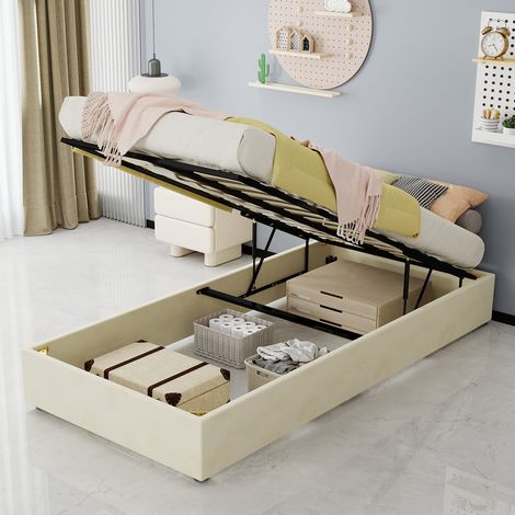 Cadre de lit moderne minimaliste 90 x 200 cm en velours hollandais beige avec vérins à gaz — mobilier de chambre contemporain, tête de lit et matelas non inclus (1/5)