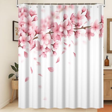Rideau de Douche Fleurs de Cerisier Rideau de Salle de Bain printanier Sakura Floral Japonais Fleuri Rose Imperméable à l'eau Rideaux de Douche lavables pour pièces humides 150x200cm (1/5)