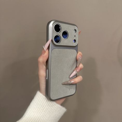 Étui de téléphone mat en denim et cuir pour iPhone 14 gris, avec cadre de protection antichoc (1/5)