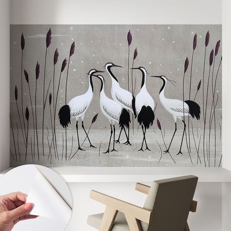 Papier peint adhésif autocollant pour salon chambre à coucher peint imprimé pour mur Volée de grues 104x70 cm (1/5)