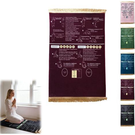Tapis de prière Janamaz bilingue avec instructions Salah (français non garanti), tapis d'apprentissage étape par étape pour les nouveaux musulmans convertis et les enfants pour la maison et les (1/5)