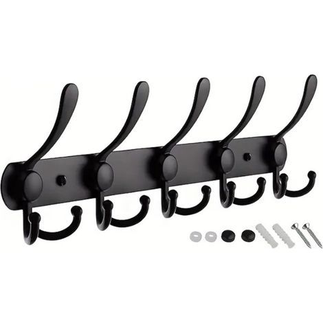 Wall-Mounted Coat Rack, 5 Triple Hooks, Wall-Mounted Coat Rack, 40cm Bathroom Coat Rack for Coats and Jackets, Black (1/5)